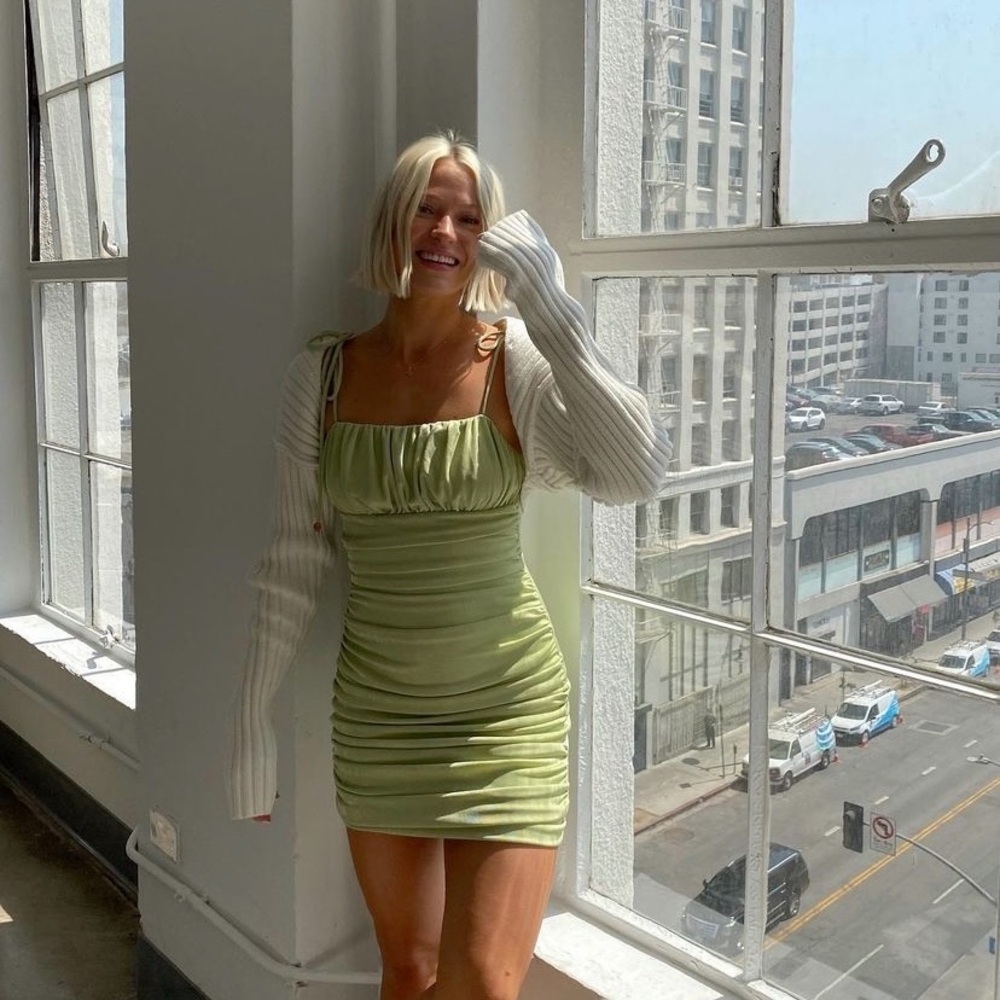 Finders Keepers green ruched velvet mini dress
